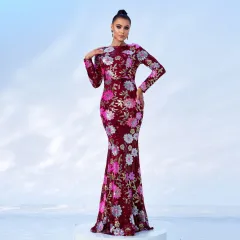 Evening Gown Long Sleeve Temperament Crew Neck Long Sequined Banquet Bridesmaid Dress - Wine Red - View 1