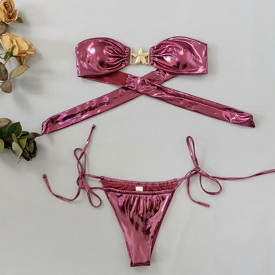 Tube Top Split Bikini Blue Glossy Gold Starfish Female