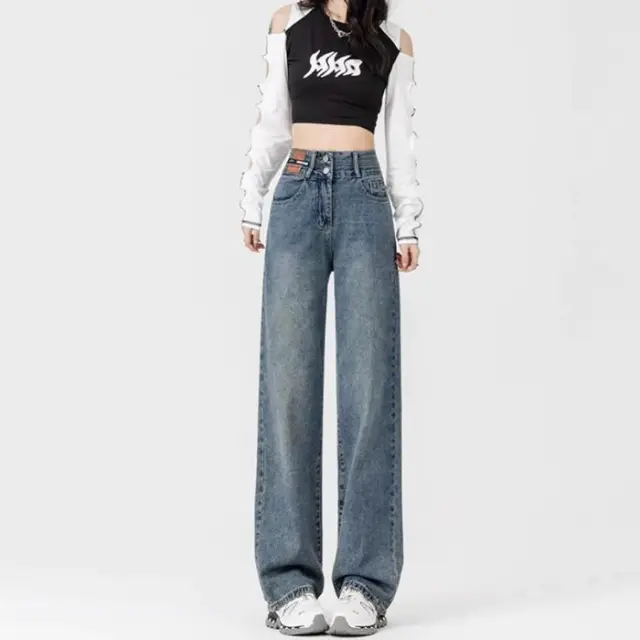 Women's New Fleece Lined Thickened Loose Fit Slimming Wide Leg Denim Jeans Blue - Shop at LoveMi