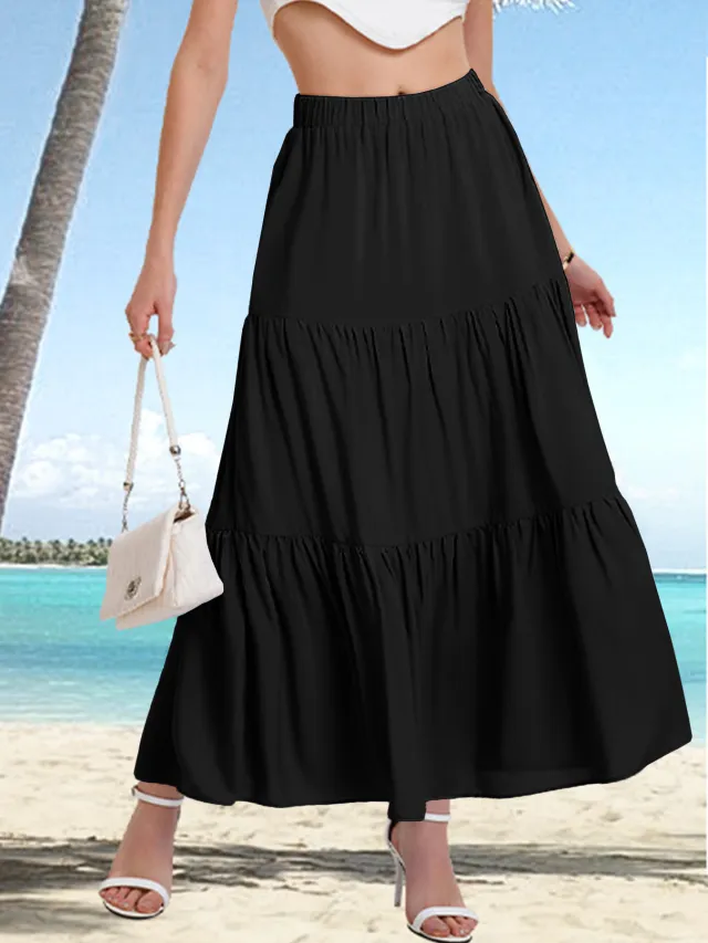Women's Elastic High Waist Long Skirt Drawstring A Line Black - Shop at LoveMi