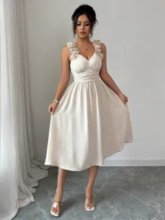 Women's Beige Textured Midi Dress - Beige - View 1