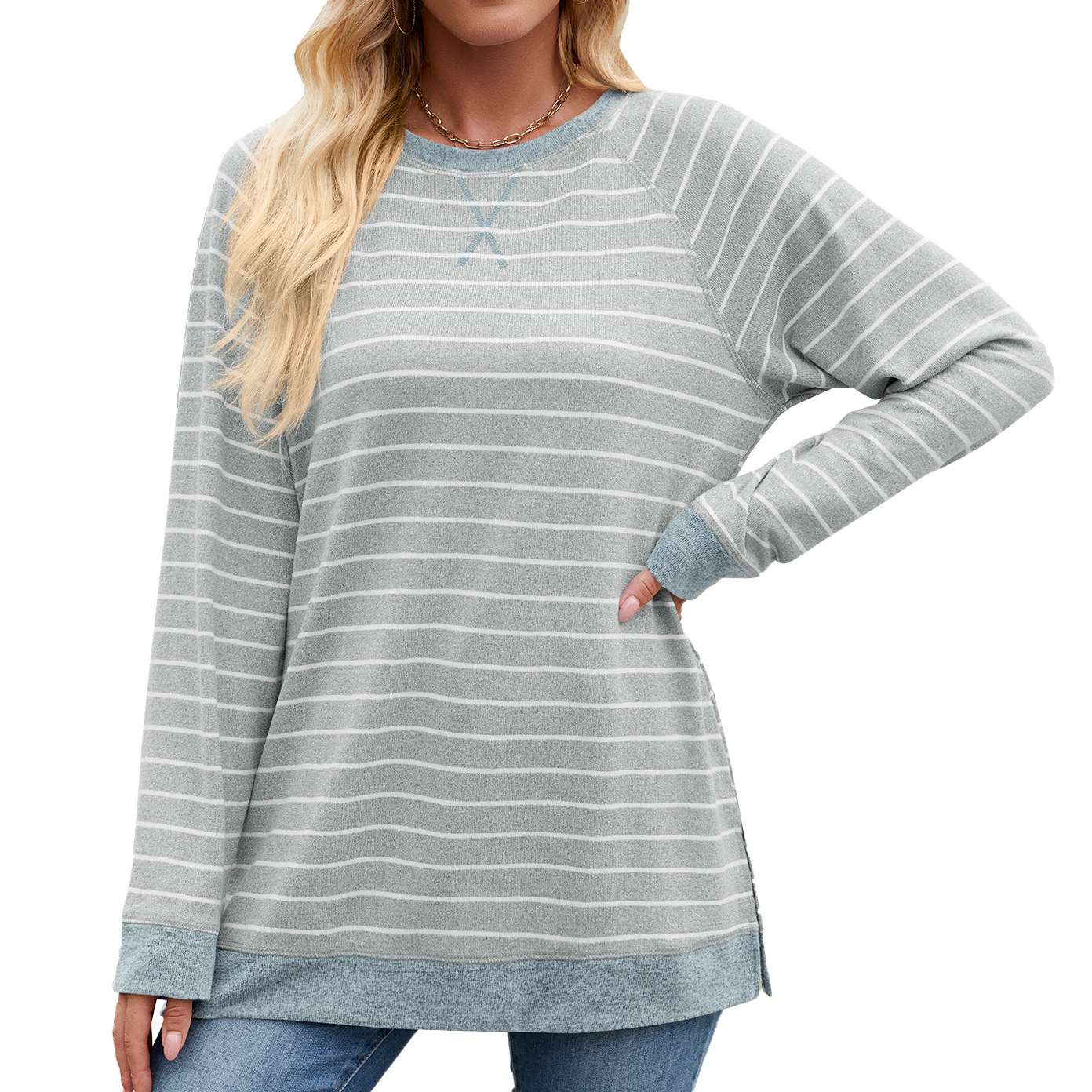 Striped Patchwork Round Neck Long-sleeved T-shirt Top