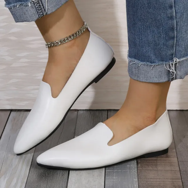 Leather Flat Bottom Pumps Female Low cut Plus Size White - Shop at LoveMi