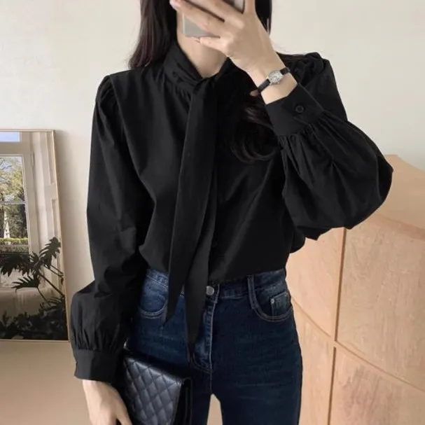 Spring New Gentle Lace up Bow Tie Design Puff Sleeve Solid Color Shirt For Women Black - Shop at LoveMi