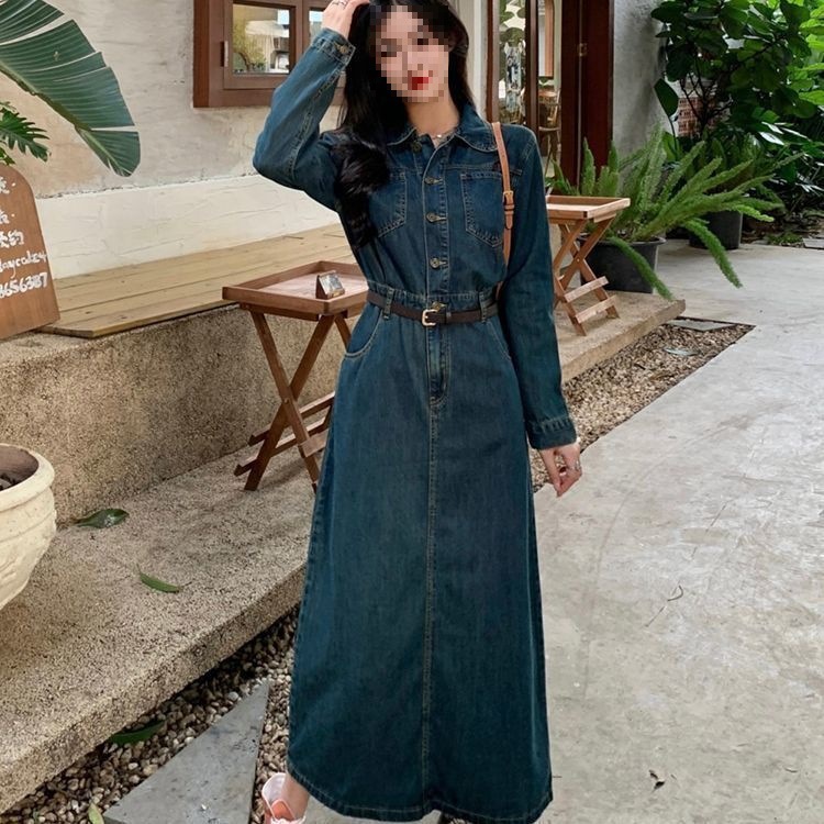 Womens Fashionable Retro Waist-Cinching Long-Sleeve Dress