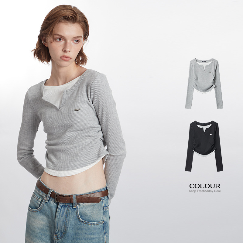 European And American Fake Two-piece V-neck All-matching Long Sleeve