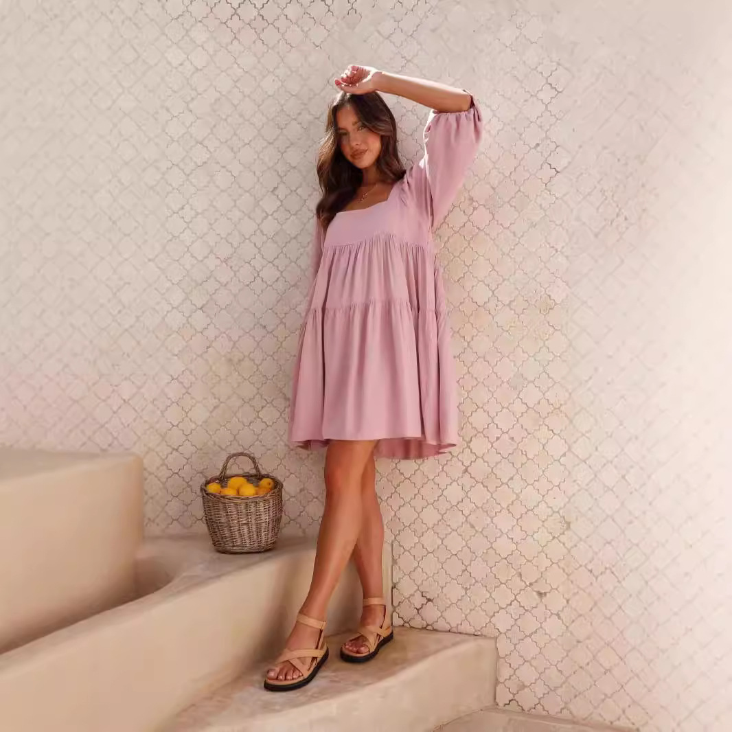 Pullover Square Collar Puff Sleeve Solid Color Backless Dress Children