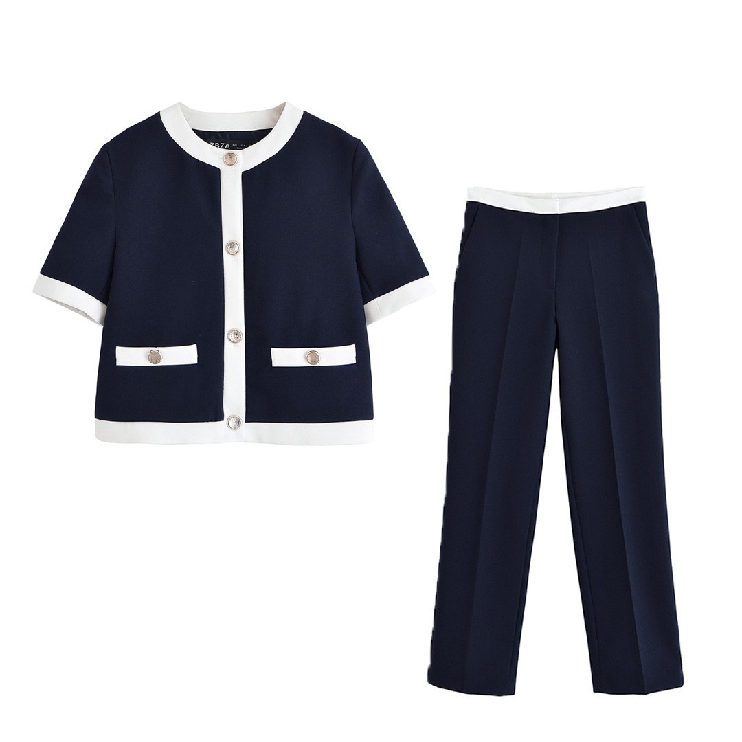 Contrast Color Trim Short Sleeve Jacket Trousers Suit