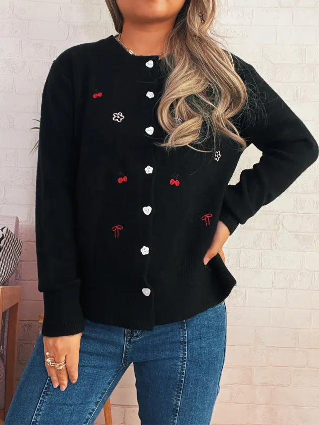 Flower Embroidery Personalized Button Single breasted Knitted Cardigan Sweater Black - Shop at LoveMi