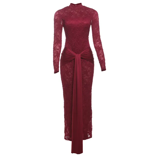 Lace Stitching Round neck Long sleeved Dress Wine - Shop at LoveMi