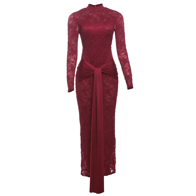 Lace Stitching Round-neck Long-sleeved Dress - Wine Red
