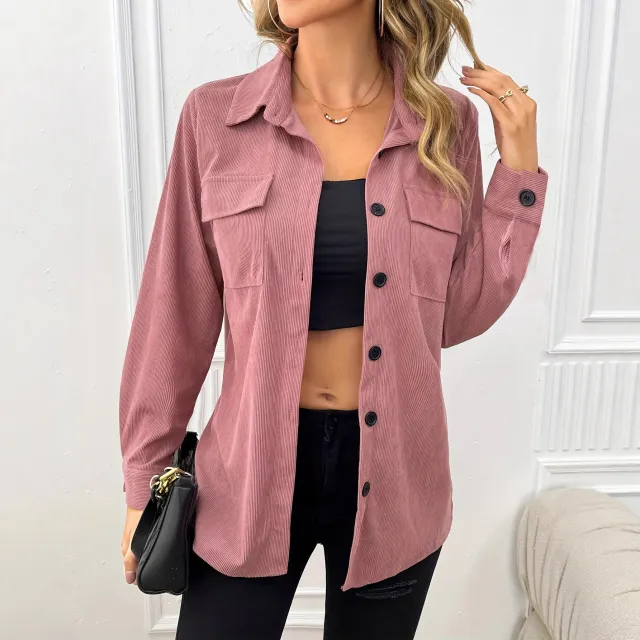Corduroy Lapel Shirt Vintage Cardigan Pocket Shirt Coat Women Dark Pink - Shop at LoveMi