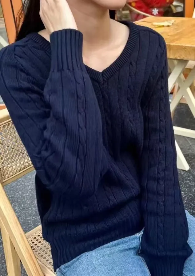 Same Style Autumn And Winter American Twist Pullover V-neck Sweater Women's Preppy Style Loose Sweater Top - Navy Blue