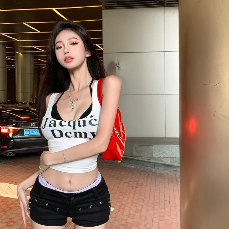 Womens Camisole With Double-row Letter Print Faux Two-piece Design