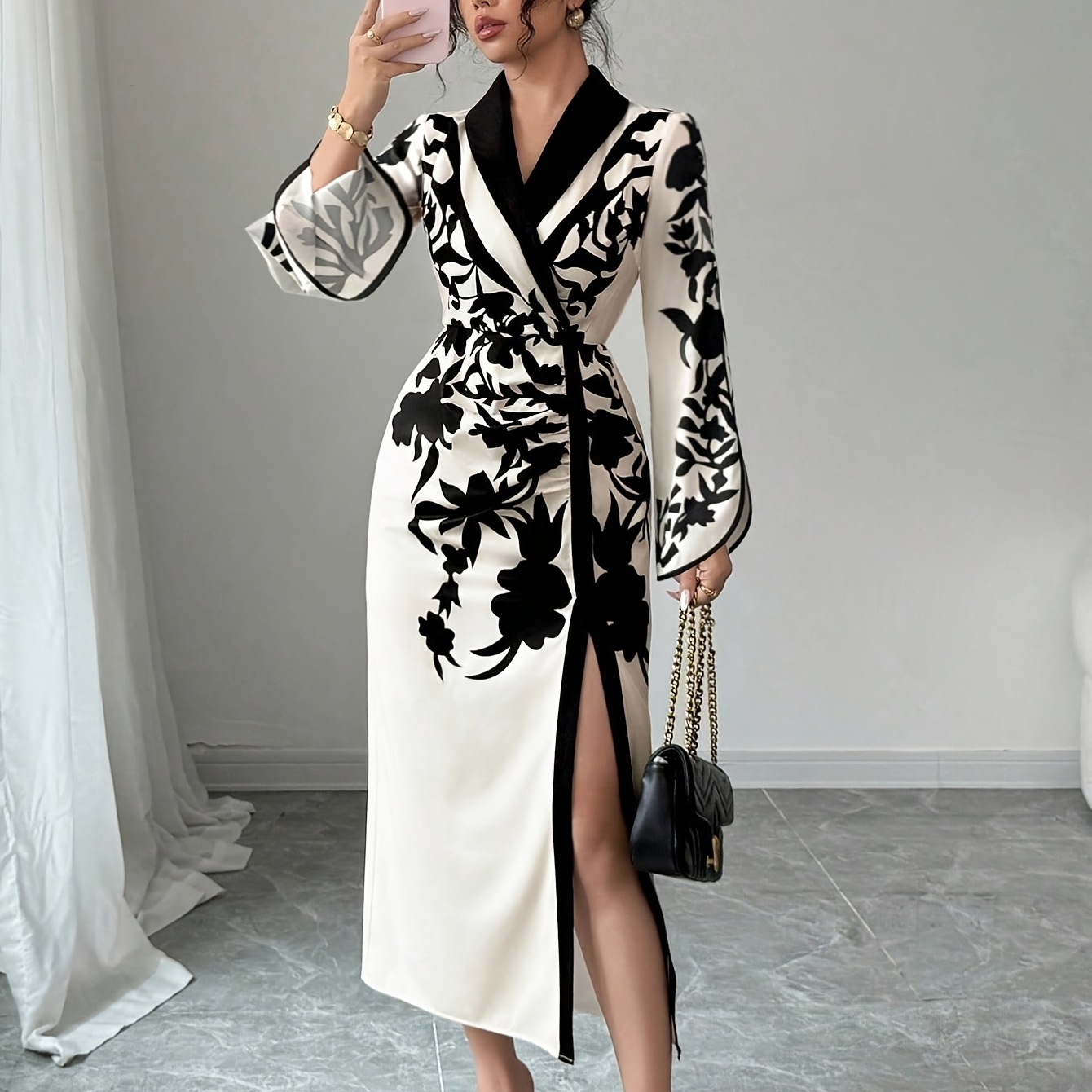 Womens Skirt Floral Print Cross Neckline Slit Maxi Dress