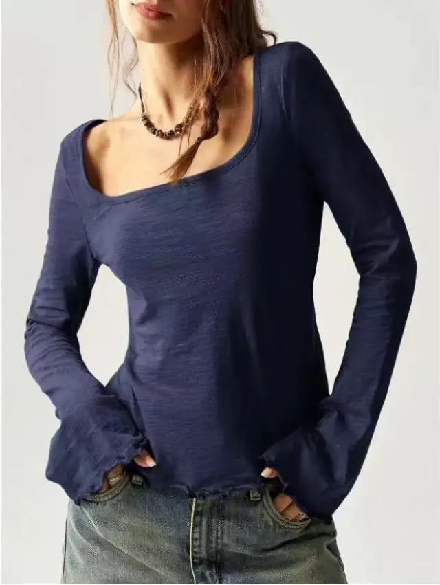 Womens Casual Solid Color Knitted Top With A Square Neck And Flared Sleeves Blue - Shop at LoveMi