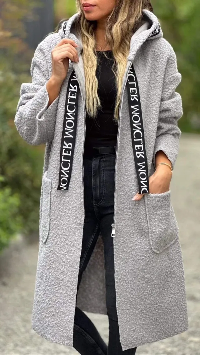 Ladies Hooded Letters Lamb Wool Coat Gray - Shop at LoveMi