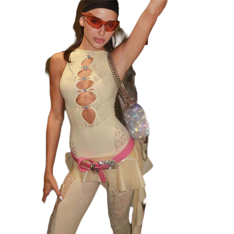 Women's Clothing Fashion Jacquard Fishnet Solid Color Hollow Out High Elastic Tight Jumpsuit