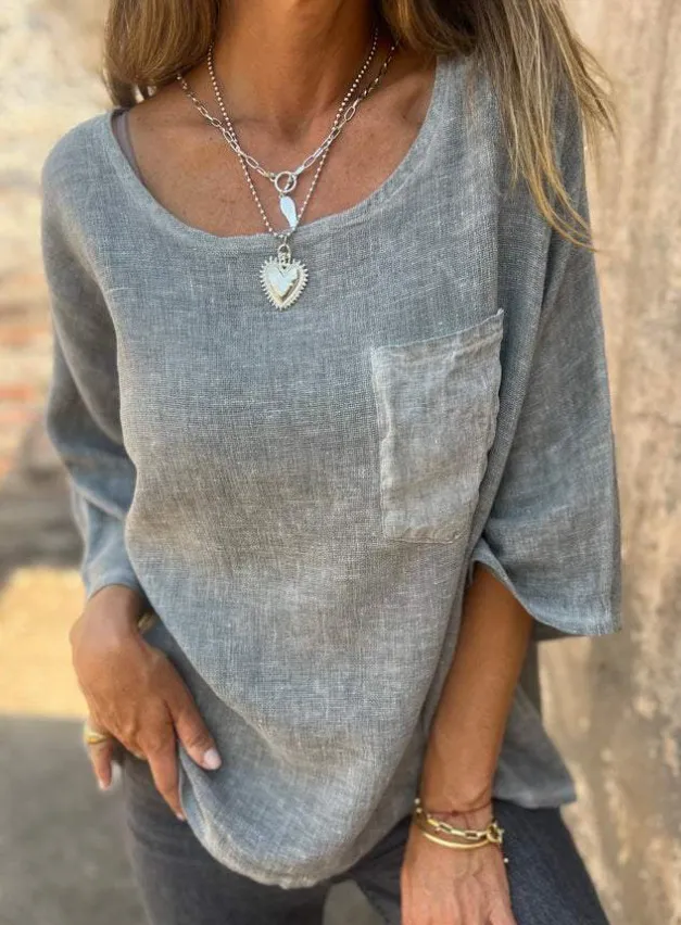 Round Neck Pullover Bat Three quarter length sleeved T shirt Pocket Color Matching Gray - Shop at LoveMi