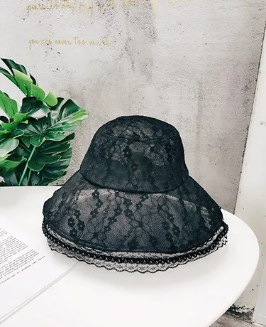 French Elegant Pearl Edge Big Brim Lace Hat Black - Shop at LoveMi