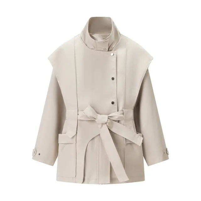 Women's Stand Collar Belted Trench Coat Khaki - Shop at LoveMi