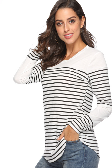 Title 2, Casual striped stitching long-sleeved loose T-s...