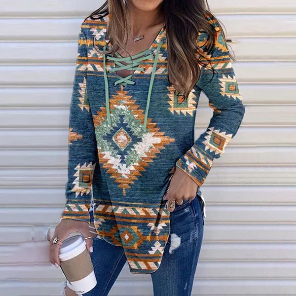 Fall V neck Lace Ethnic Style Pullover Long Sleeve Women's Clothing Blue - Shop at LoveMi