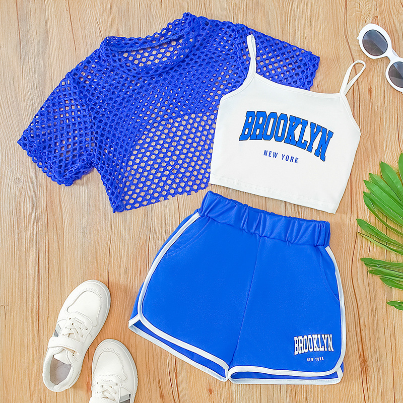 Summer New Mesh Shirt Short-Sleeve Top Pullover Three-Piece Set