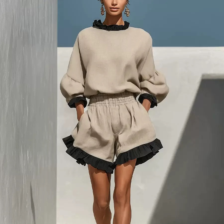 Womens Stylish Long-sleeve Top And High-waisted Wide-leg Shorts