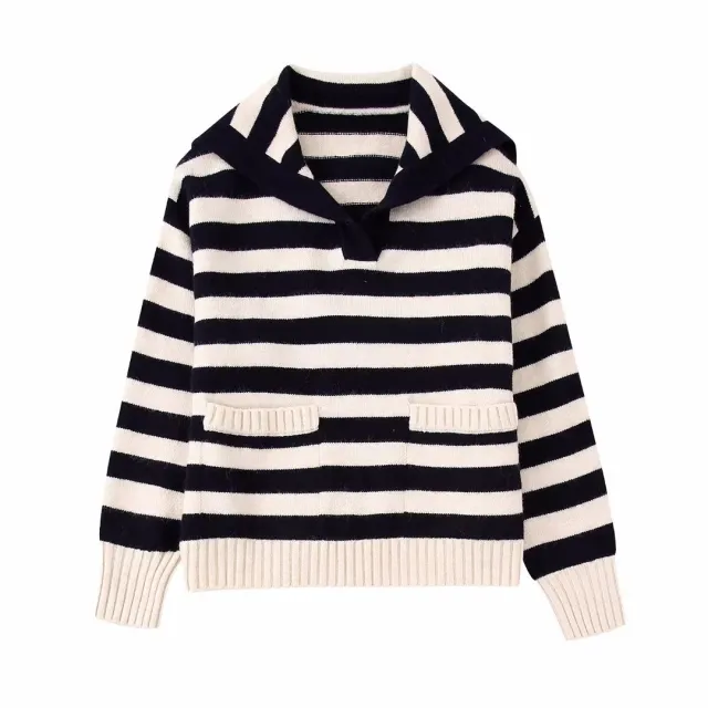Long Sleeve Polo Collar Stripes Sweater Knitted M - Shop at LoveMi
