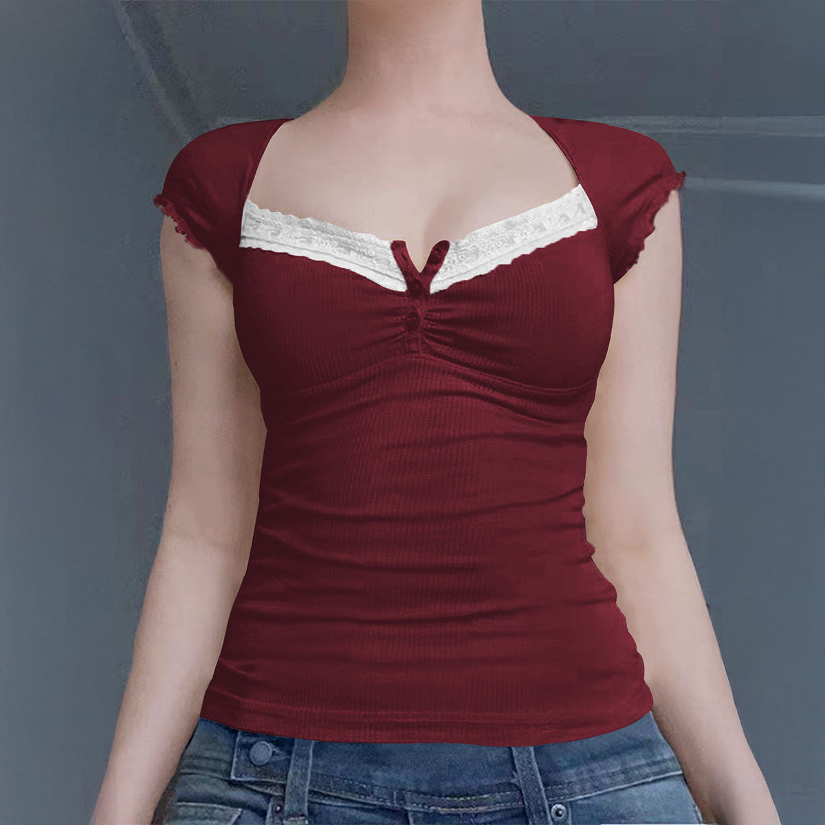 Y2g Lace Stitching Square Collar Knitted T-shirt Sweet Hot Girl Slim Short-sleeved Tops