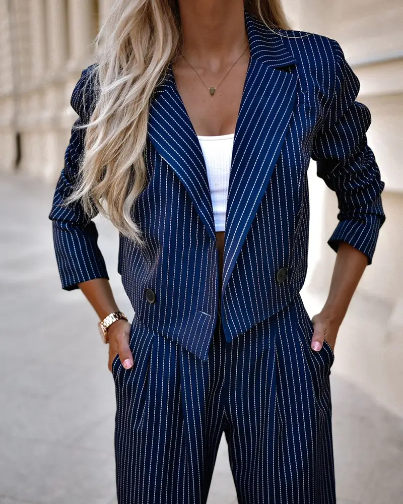 Women's Spring Fashion Striped Suits Casual Lapel Long Sleeve Cropped Top