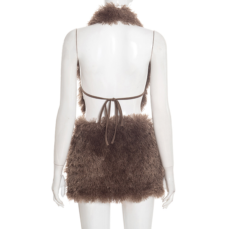 Fuzzy Collar Brown Patchwork Skirt Set for Autumn Winter Fuzzy Collar Brown Patchwork Skirt Set for Autumn Winter