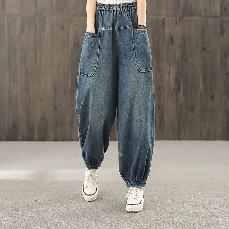Plus-size Straight-leg Denim Cropped Pants Womens Korean-style