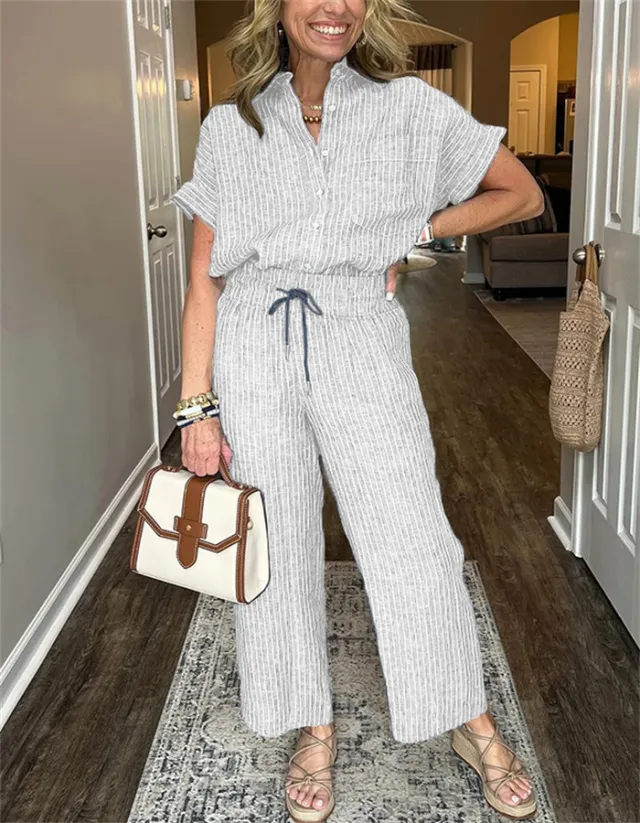 Women's Striped Suit Lapel Short Sleeve Straight Idle Style Trousers White - Shop at LoveMi