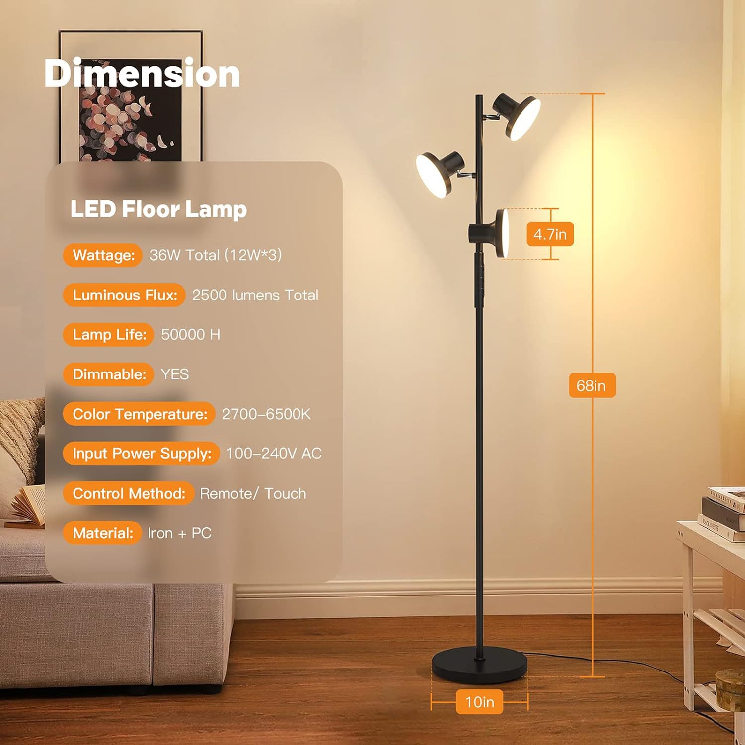 Living Room Bedroom Study Workbench Adjustable Floor Lamp LED Remote Control Rotatable - Image 2