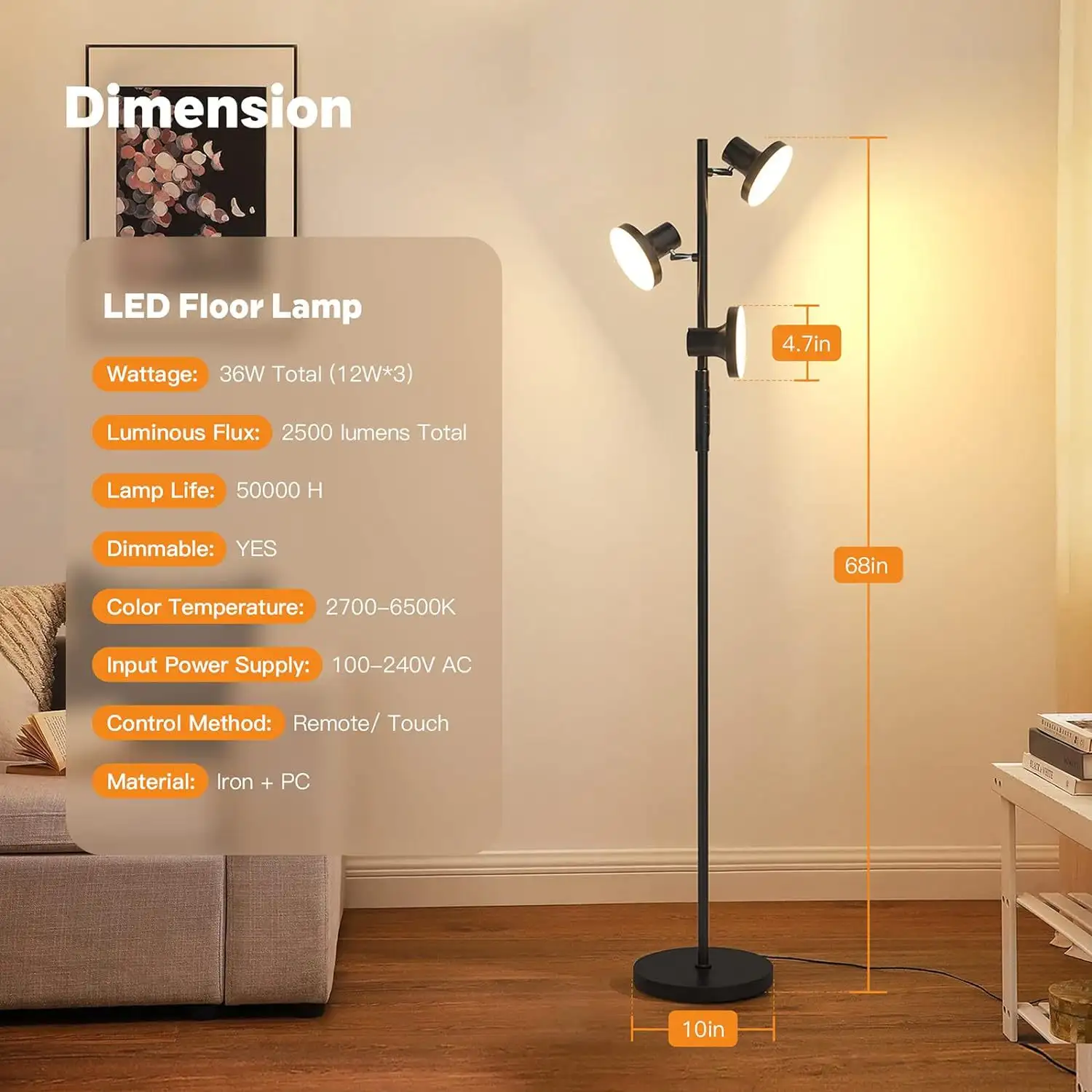 Living Room Bedroom Study Workbench Adjustable Floor Lamp LED Remote Control Rotatable