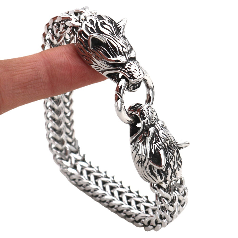 Stainless Steel Wolf Head Bracelet Titanium Steel Double Ring Bracelet For Men