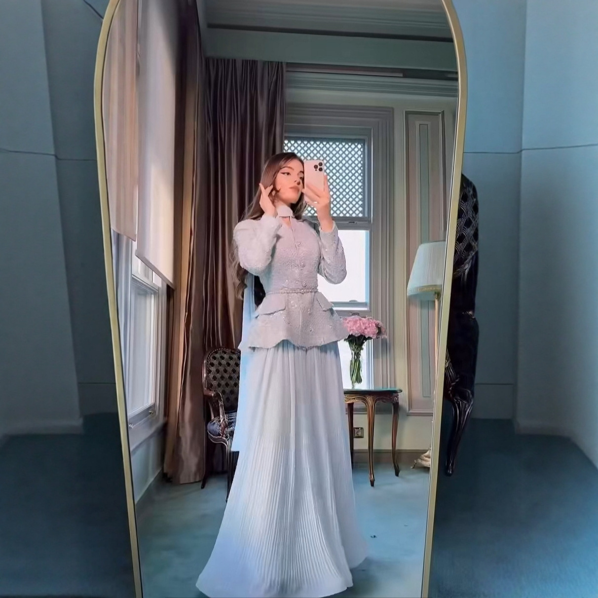 Chanel-style Pearl And Butterfly Jacket With Pleated Skirt Set