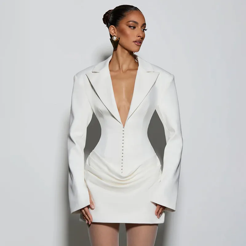 Women's Solid Color Deep V Lapel Pleated Waist-tie Suit Dress - White