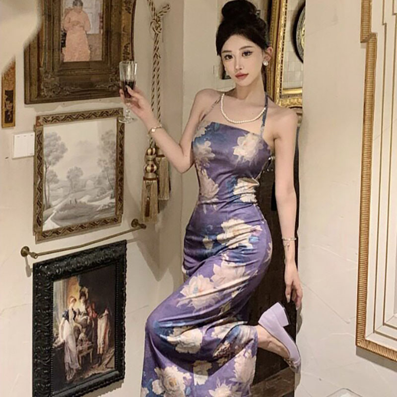 Womens Fashionable Retro Slim-Fit Sexy Strap Dress