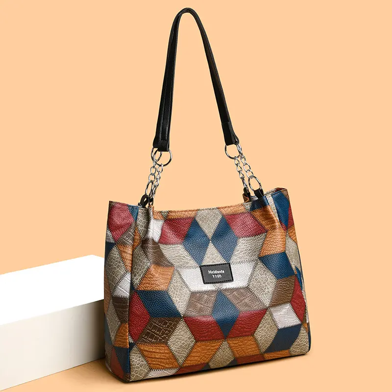 Retro Geometric Pattern Color-matching Shoulder Bag Fashion Large Capacity