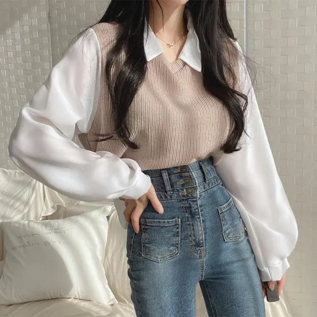 Patchwork Long Sleeve Loose Contrast Color And Versatile Top Apricot - Shop at LoveMi