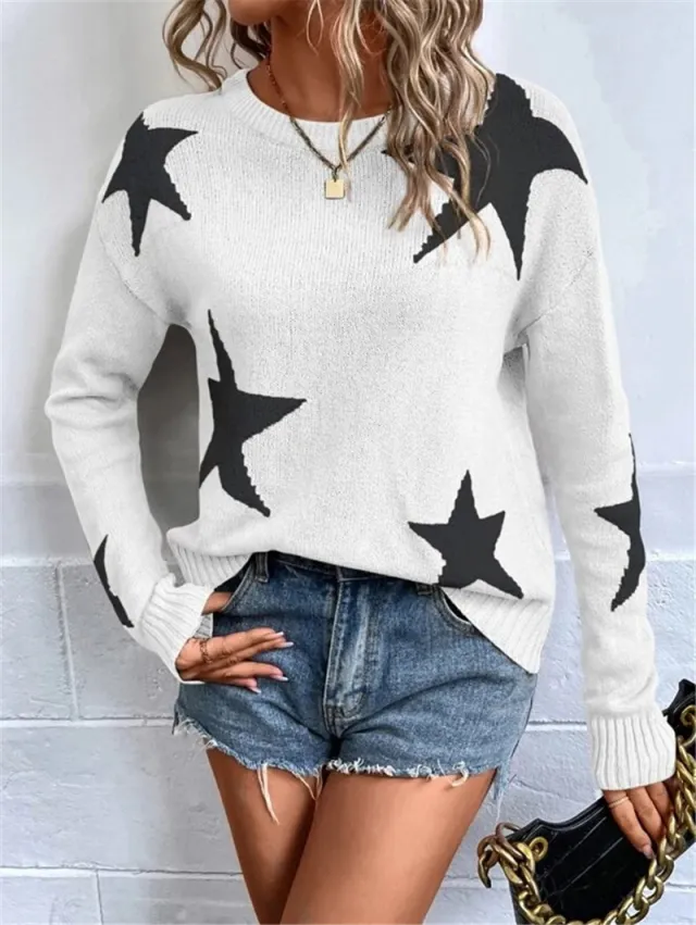 Loose Round Neck XINGX Pattern Pullover Knitted Long Sleeve Sweater White - Shop at LoveMi