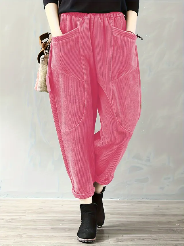 Autumn And Winter Elastic Waist Large Size Fashion Corduroy Loose Pants Pink - Shop at LoveMi