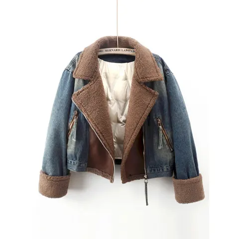 Lamb Wool Stitching Lightweight Down Liner Fleece-lined Denim Coat