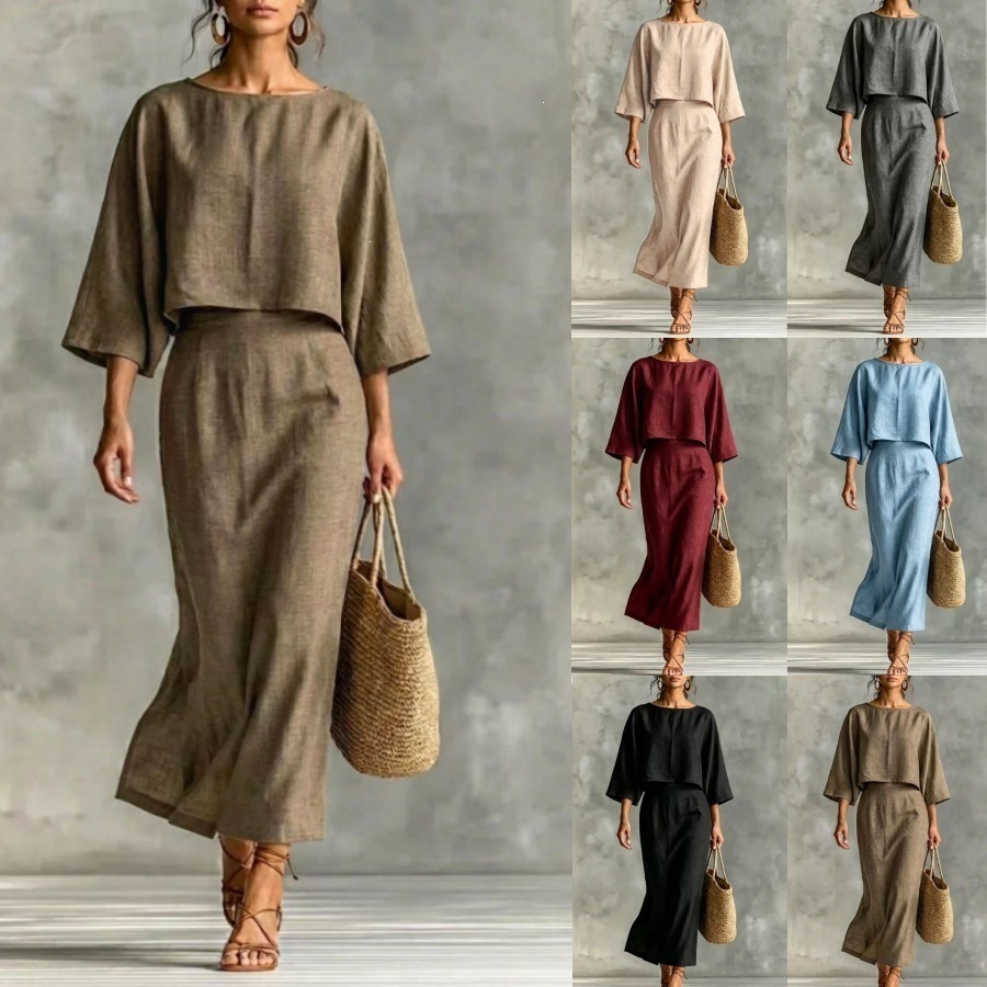 High Waisted Long Skirt Set With A Round Neck Three Quarter Sleeved Loose Fitting Womens Top