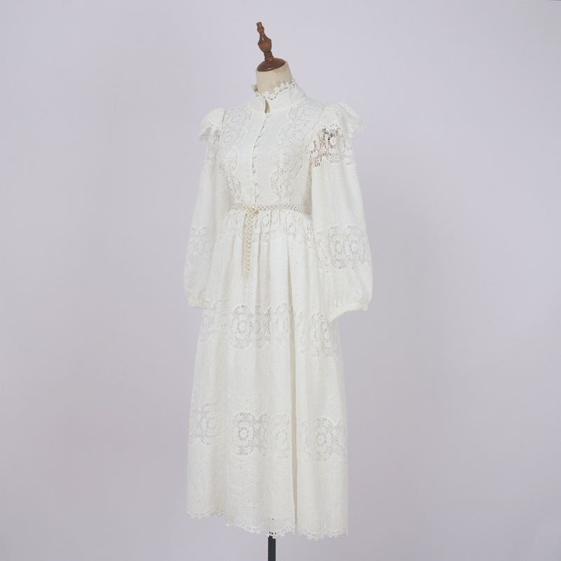 Lace Embroidery Hollow Solid Color Lantern Sleeve Dress