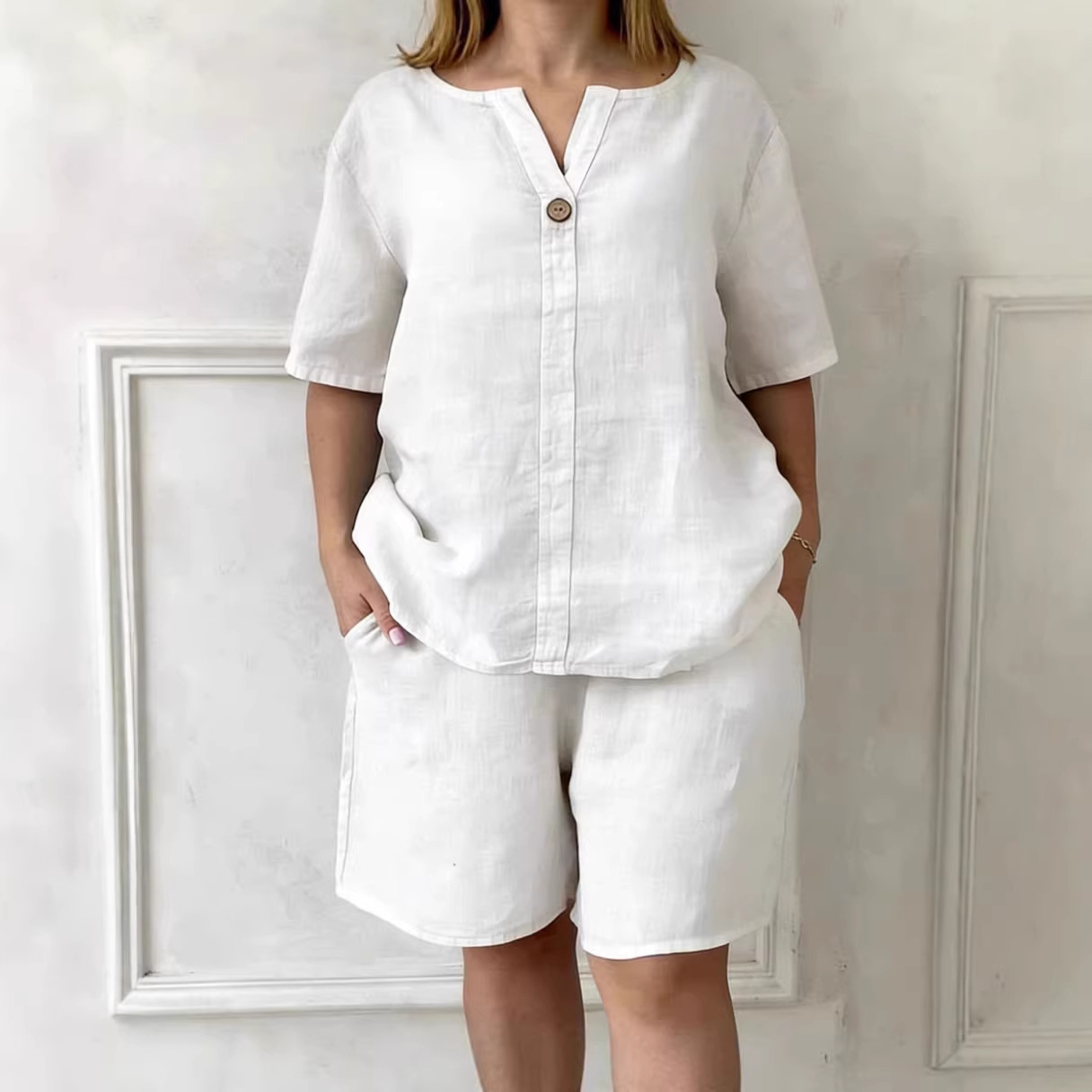 V-neck Buttoned Short-sleeve Shorts Set With Pockets