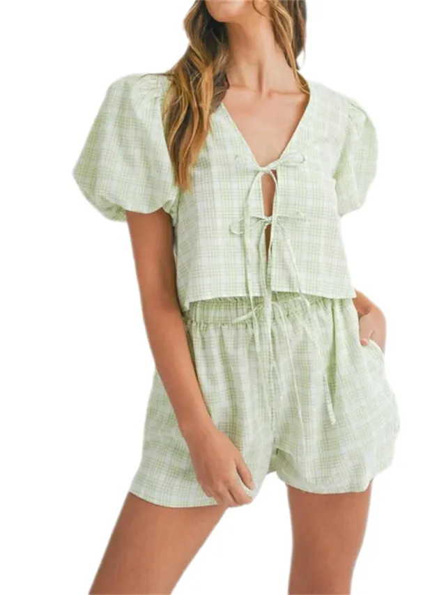 Temperament V neck Lace up Bow Puff Sleeve Top Casual Shorts Plaid Two piece Set Green - Shop at LoveMi